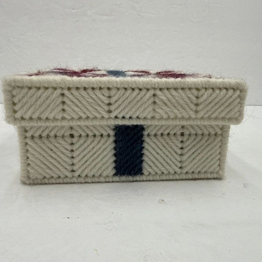 Vintage Handmade Set of 6 Needlepoint Yarn Quilt Block Coasters with Holder 4x4